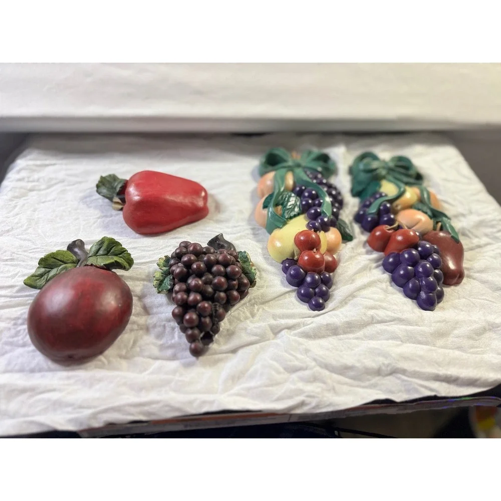Vintage Burwood Home Interiors Fruit Wall Plaque Set 5pc Grapes Apple Pepper